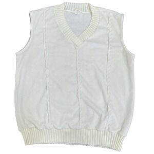 Vintage Sears Mens Cream V Neck Terry Cable Knit Sweater Vest L 70's Retro Disco